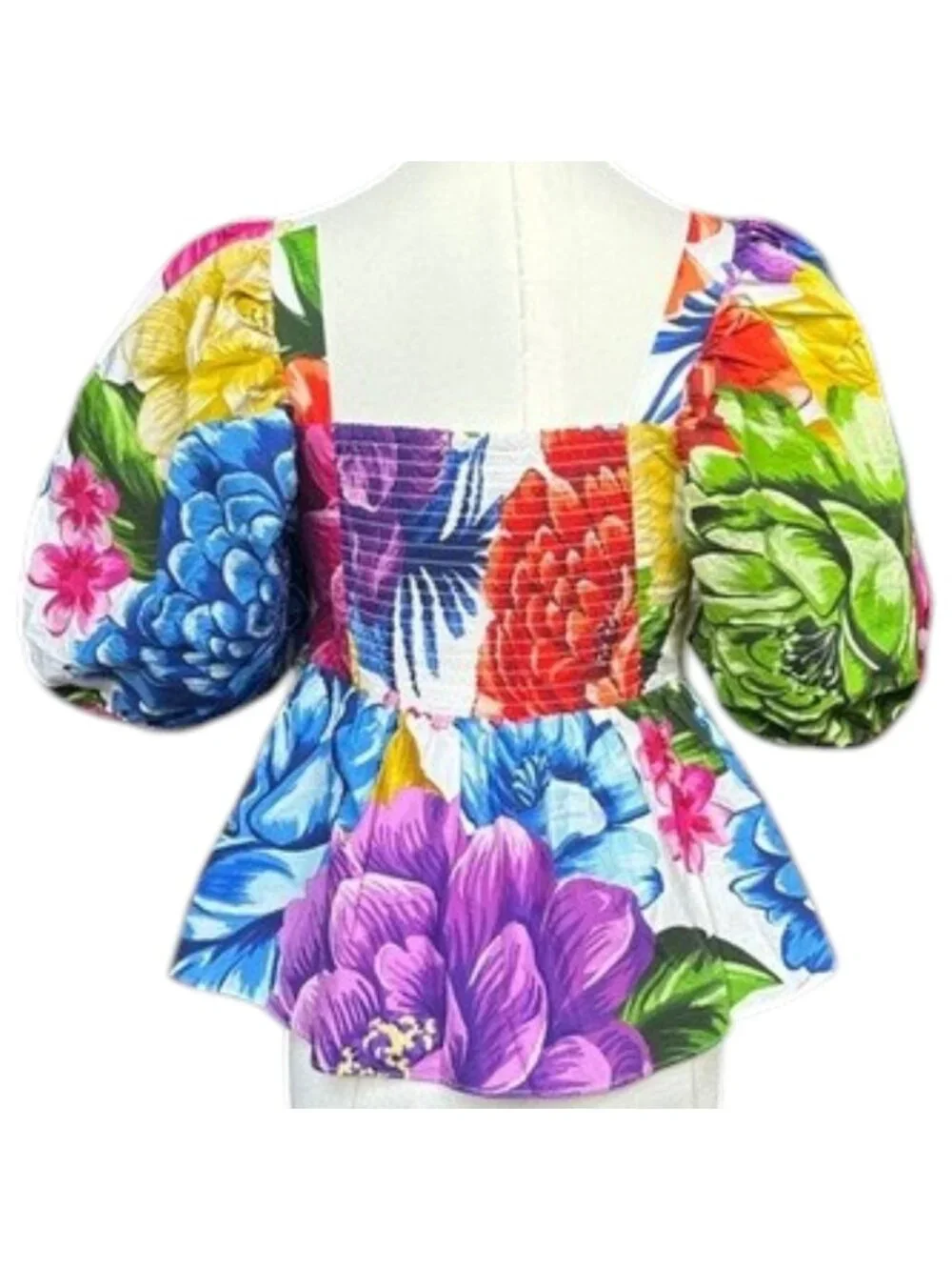 Farm Rio Chita Floral Peplum Top Puff Sleeve Square Neck XS